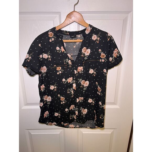 Rue21 Tops - Rue21 Floral Polka Dot Blouse Women’s Medium Black Sheer Zip Pocket Top